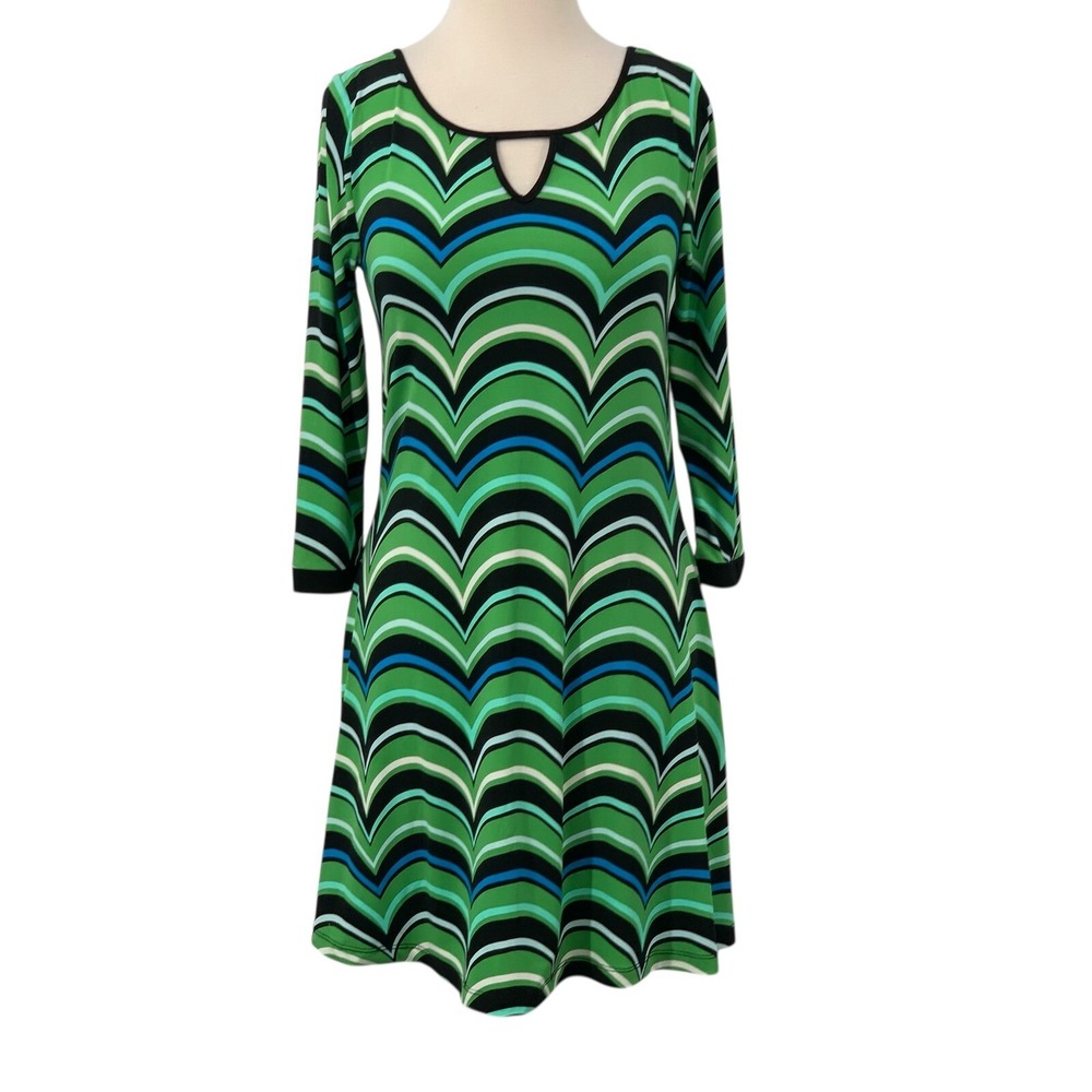 Kaari Blue Womens 3/4 Sleeve Abstract Dress Keyhole Neck Green Black Blue Sz XS
